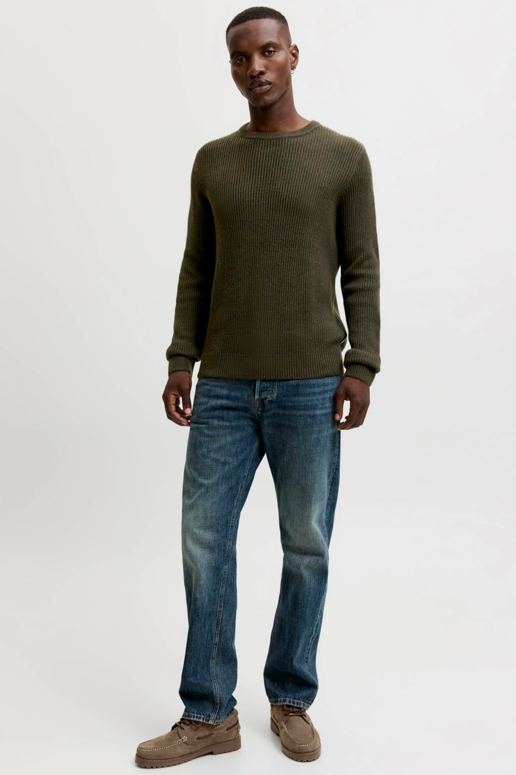 Donkergroene heren JACK & JONES regular fit gebreide trui van acryl met effen, lange mouwen en ronde hals