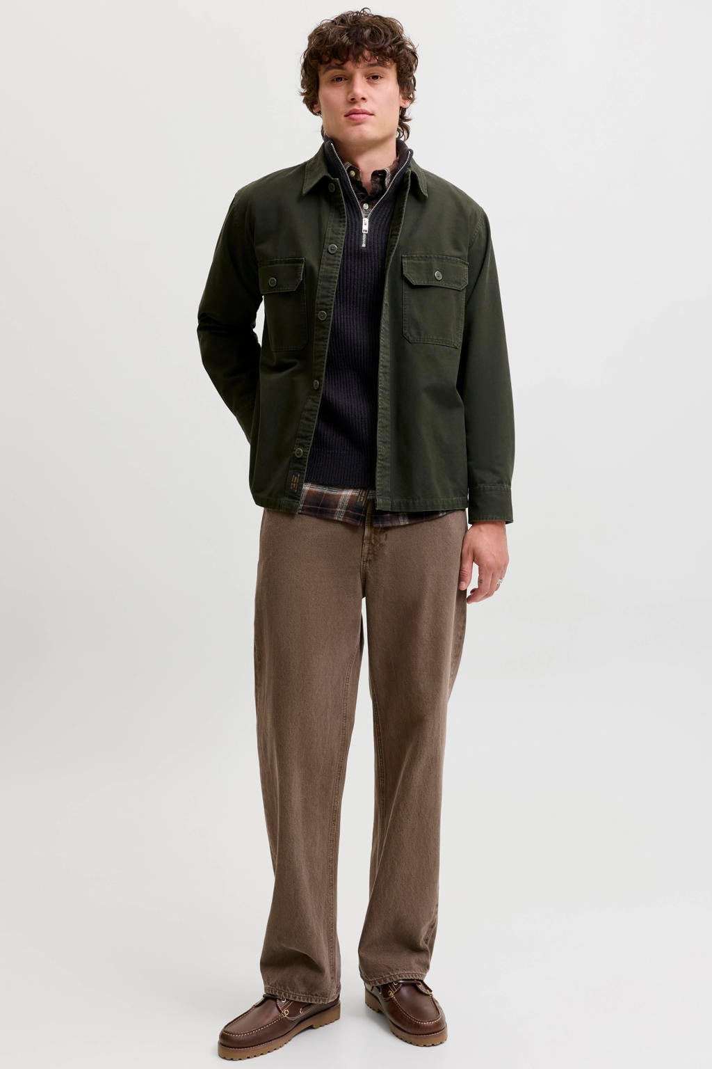 Zwarte heren JACK & JONES regular fit gebreide trui van acryl met effen, lange mouwen en opstaande kraag