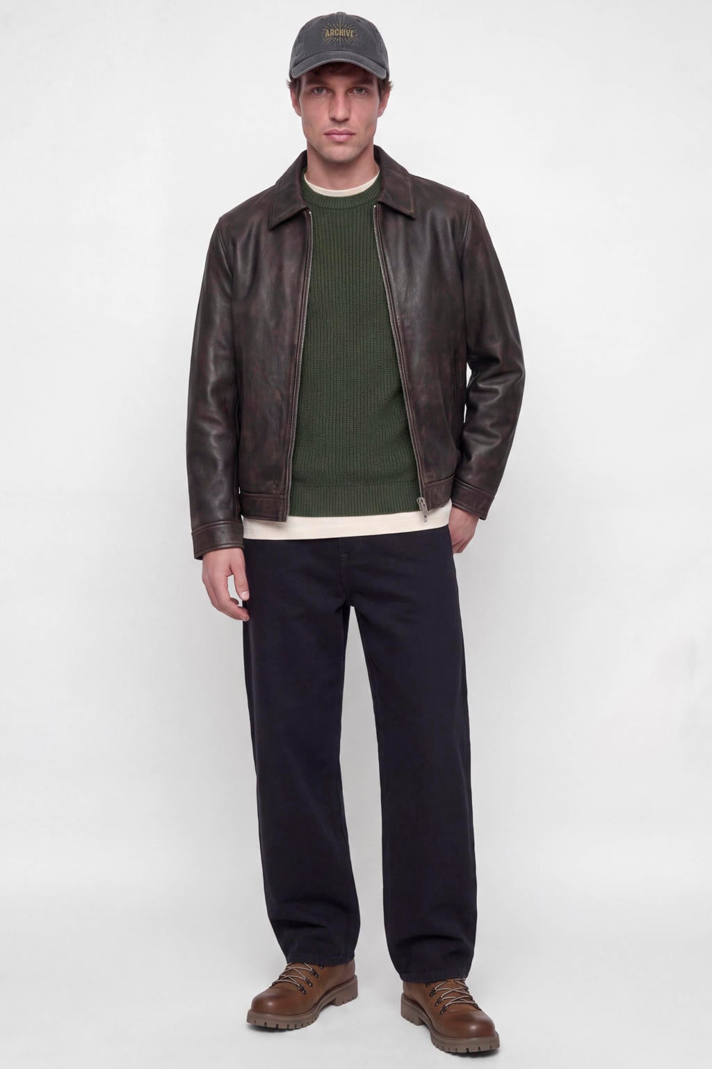 Donkergroene heren JACK & JONES regular fit gebreide trui van acryl met effen, lange mouwen en ronde hals