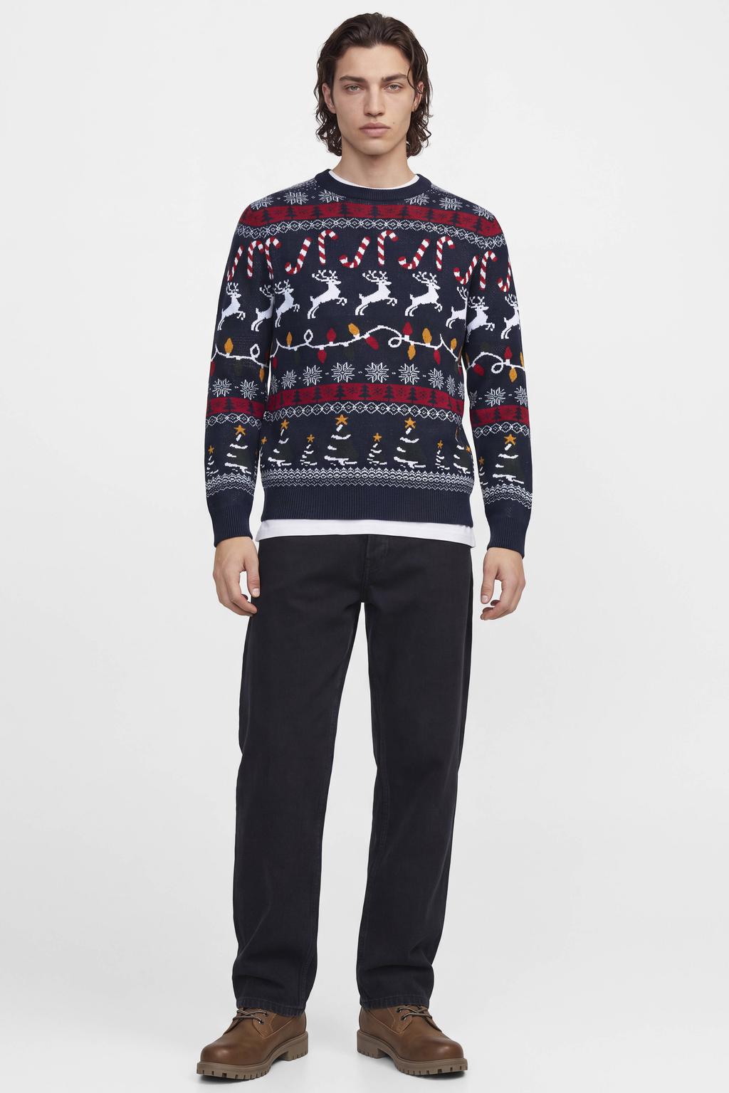 JACK & JONES regular fit gebreide kersttrui met print - navy blazer