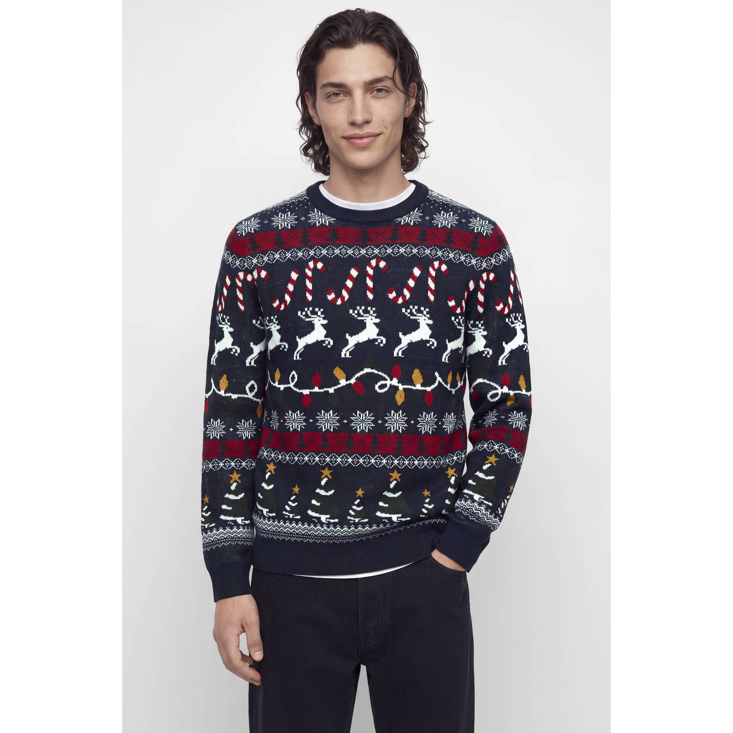 JACK & JONES regular fit gebreide kersttrui met print navy blazer