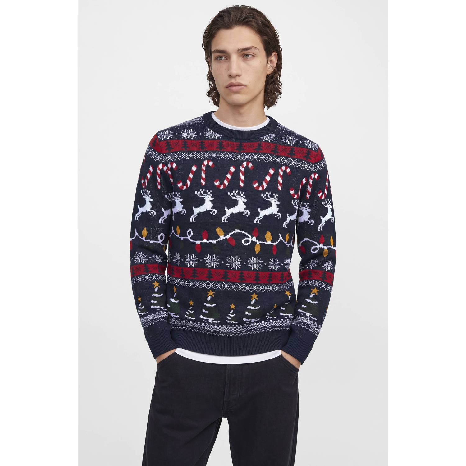 JACK & JONES regular fit gebreide kersttrui met print navy blazer