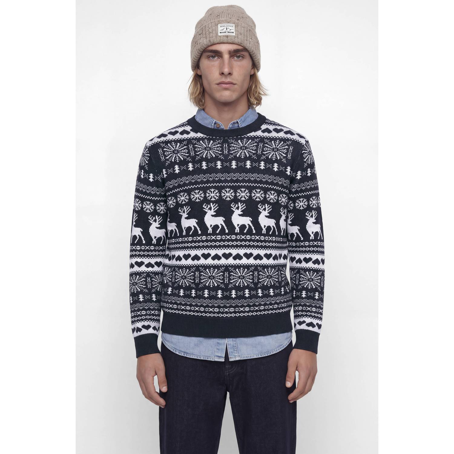 JACK & JONES regular fit gebreide kersttrui met print donkerblauw