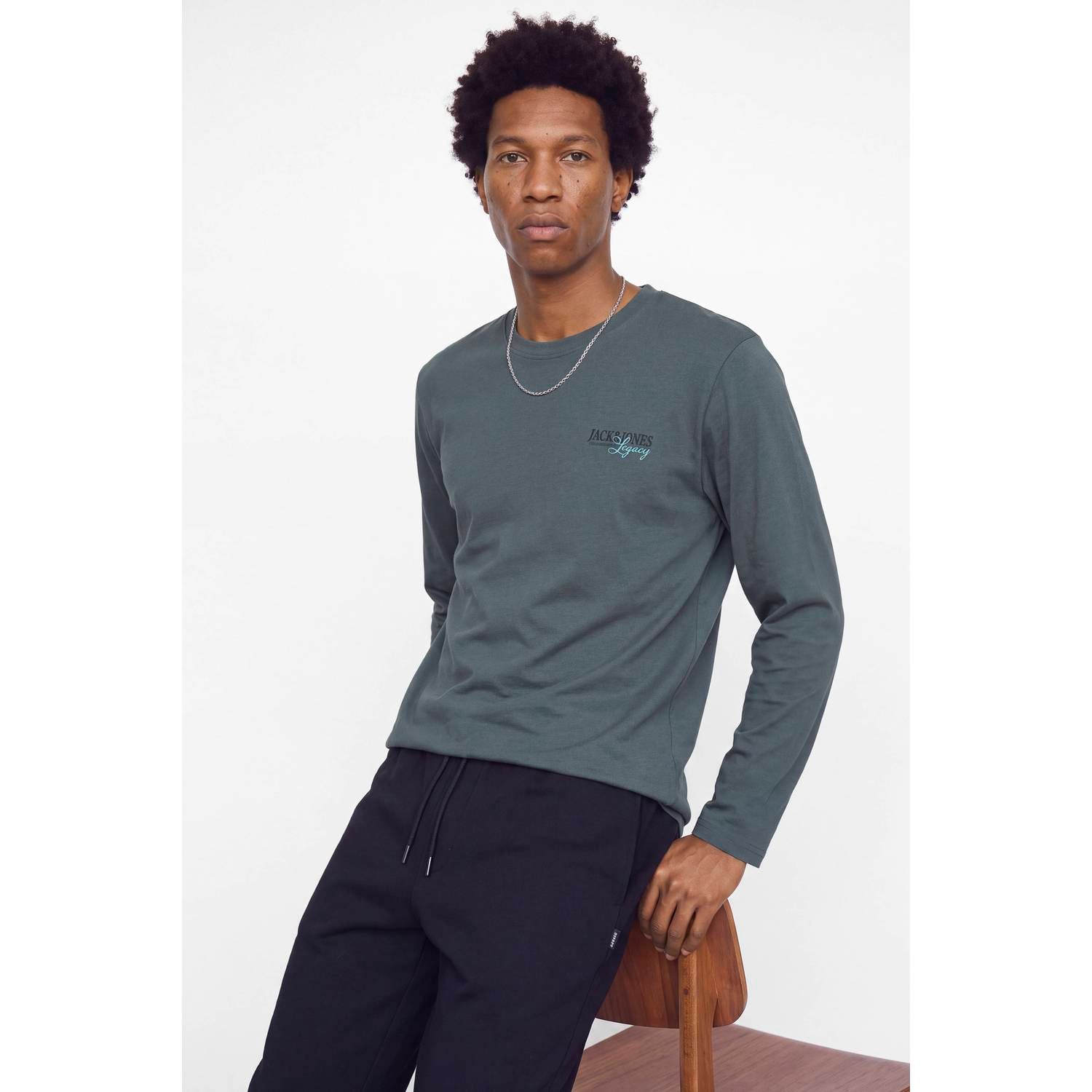 JACK & JONES regular fit longsleeve met logo grijsblauw