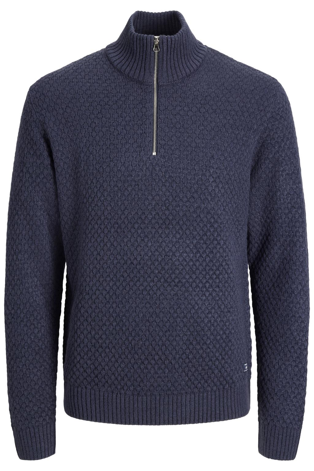 Donkerblauwe heren JACK & JONES relaxed fit trui van acryl met effen, lange mouwen, opstaande kraag en gebreide details