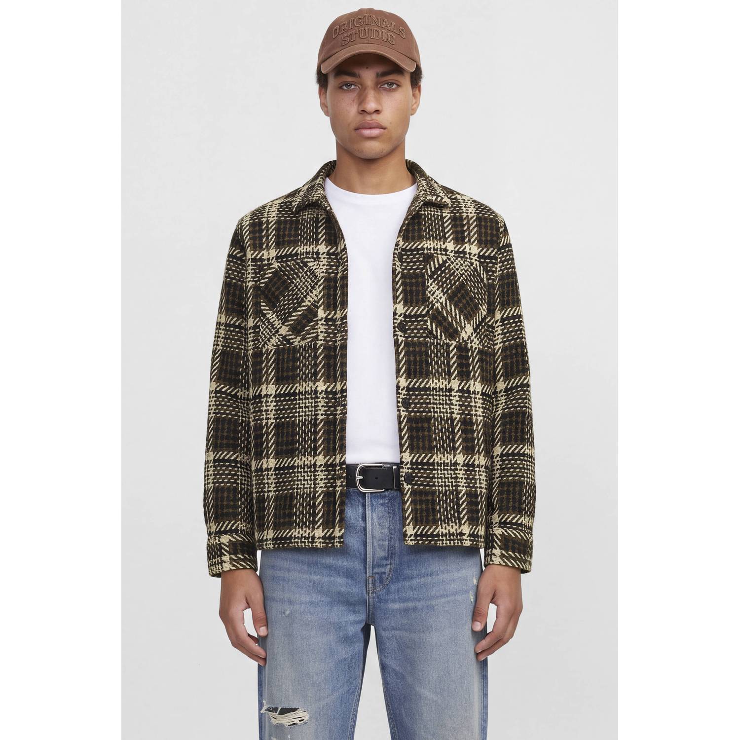 JACK & JONES relaxed fit geruit twill overshirt zwart