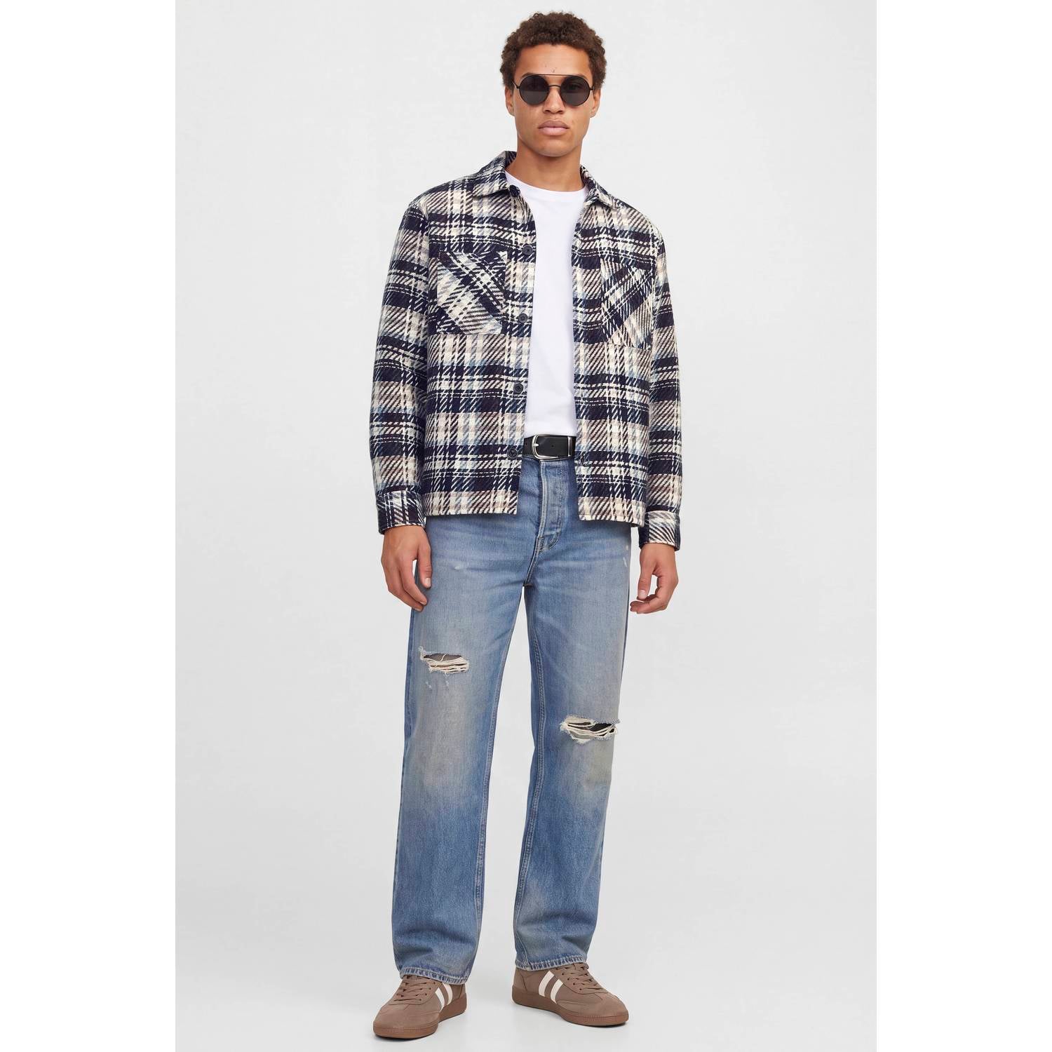 JACK & JONES relaxed fit geruit twill overshirt donkerblauw