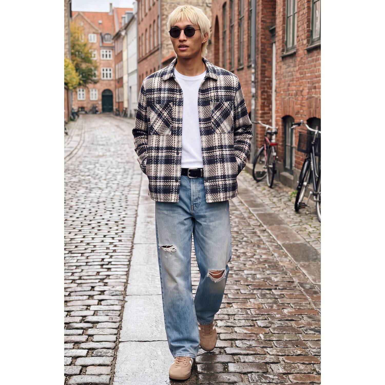JACK & JONES relaxed fit geruit twill overshirt donkerblauw