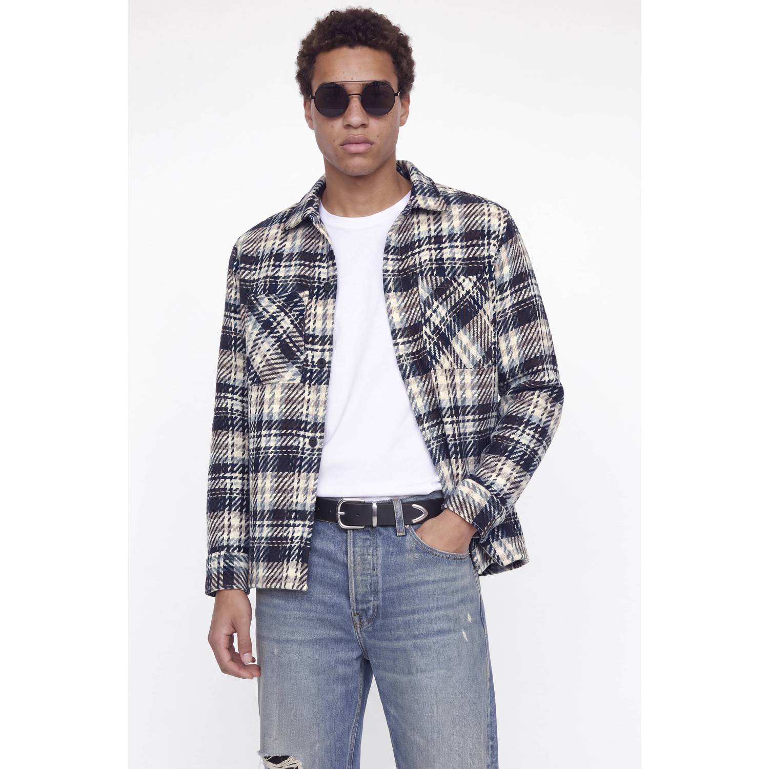 JACK & JONES relaxed fit geruit twill overshirt donkerblauw