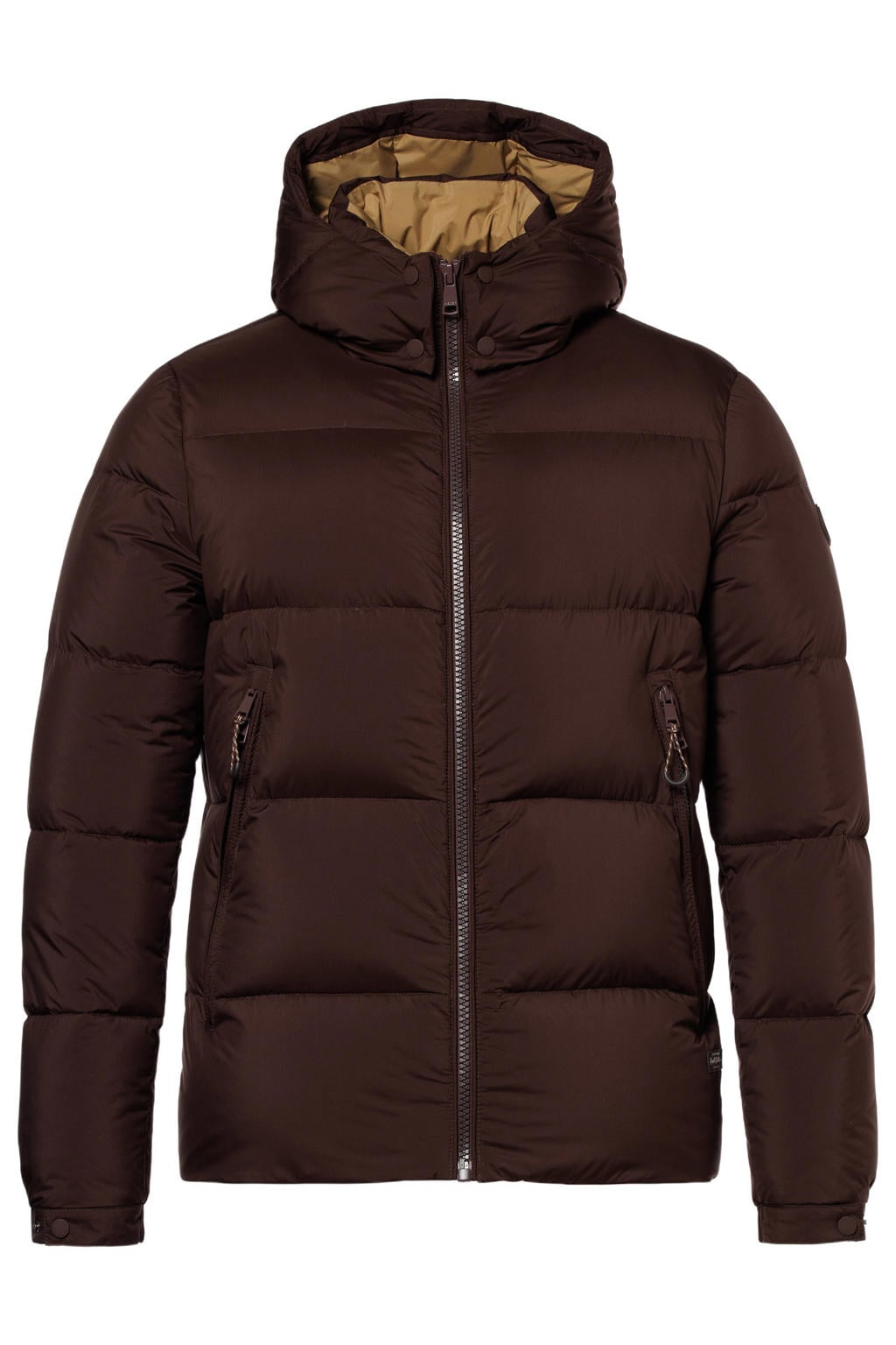 Bruine heren Reset winterjas van polyester met effen, lange mouwen, capuchon, ritssluiting en doorgestikte details