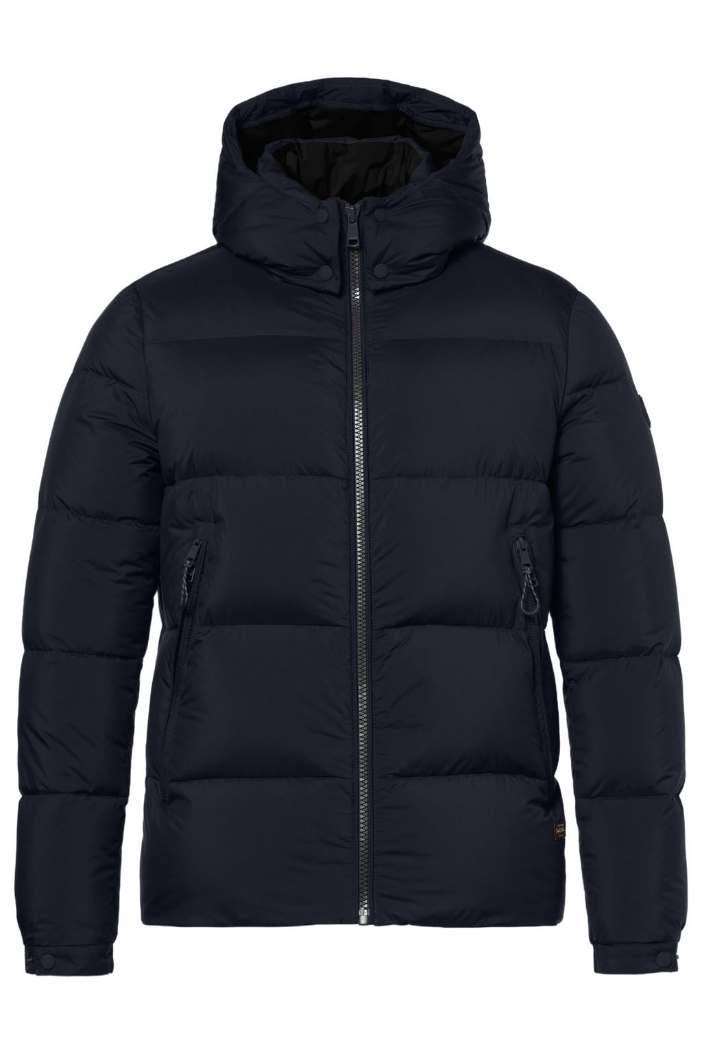 Donkerblauwe heren Reset winterjas van polyester met effen, lange mouwen, capuchon, ritssluiting en doorgestikte details