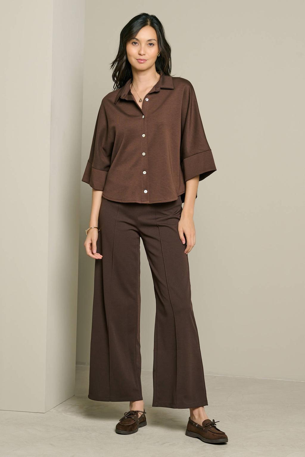 Bruine dames LOLALIZA blouse van polyester met effen, driekwart mouwen, klassieke kraag en knoopsluiting