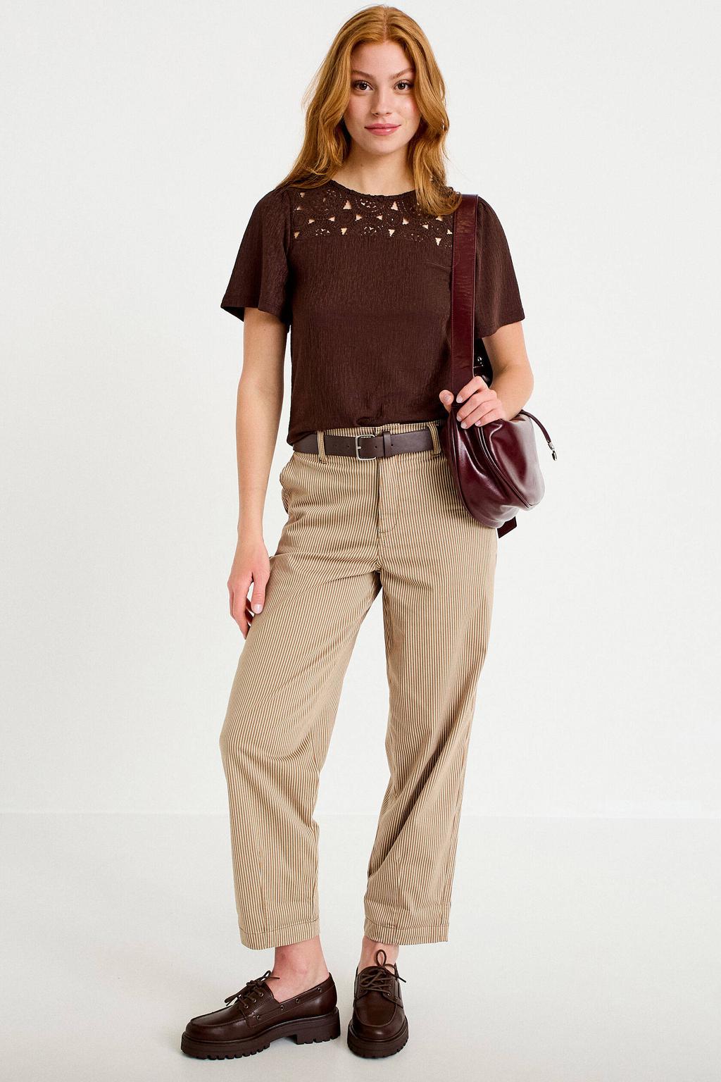 Beige en ecru dames Cache Cache high waist straight leg gestreepte cropped broek van katoen met rits- en knoopsluiting