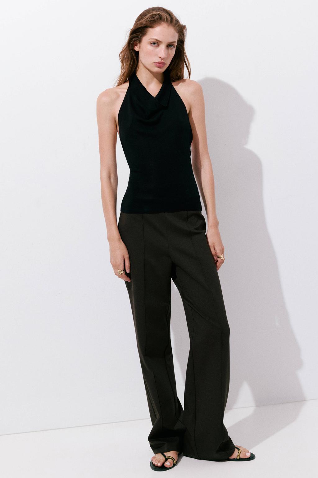 Bruine dames Mango straight leg broek van viscose met effen