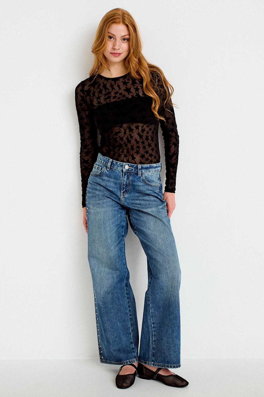 Cache Cache wide leg jeans met studs - mediumblauw