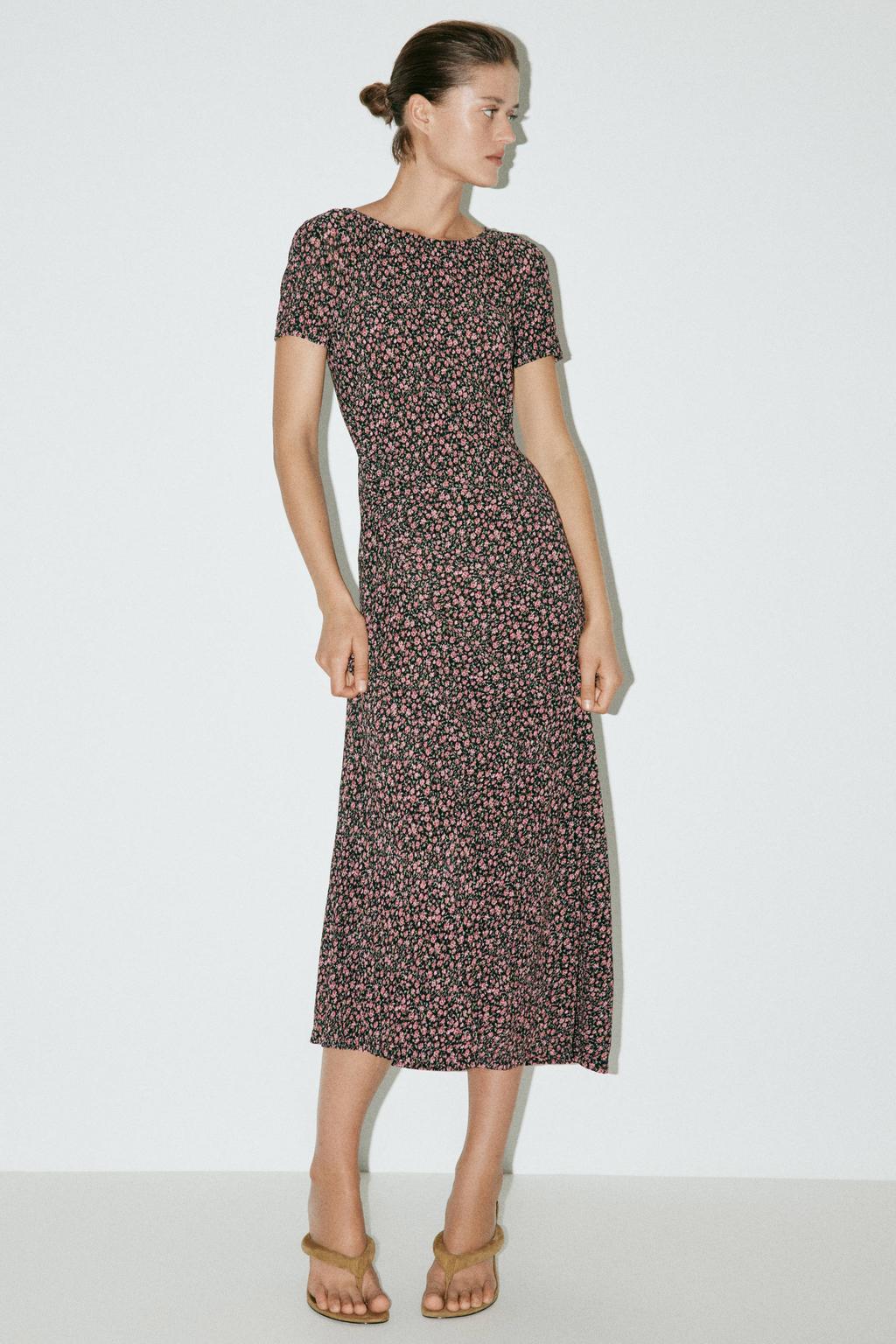 Multikleurige dames Mango gebloemde midi jurk van polyester met korte mouwen, ronde hals en knoopsluiting