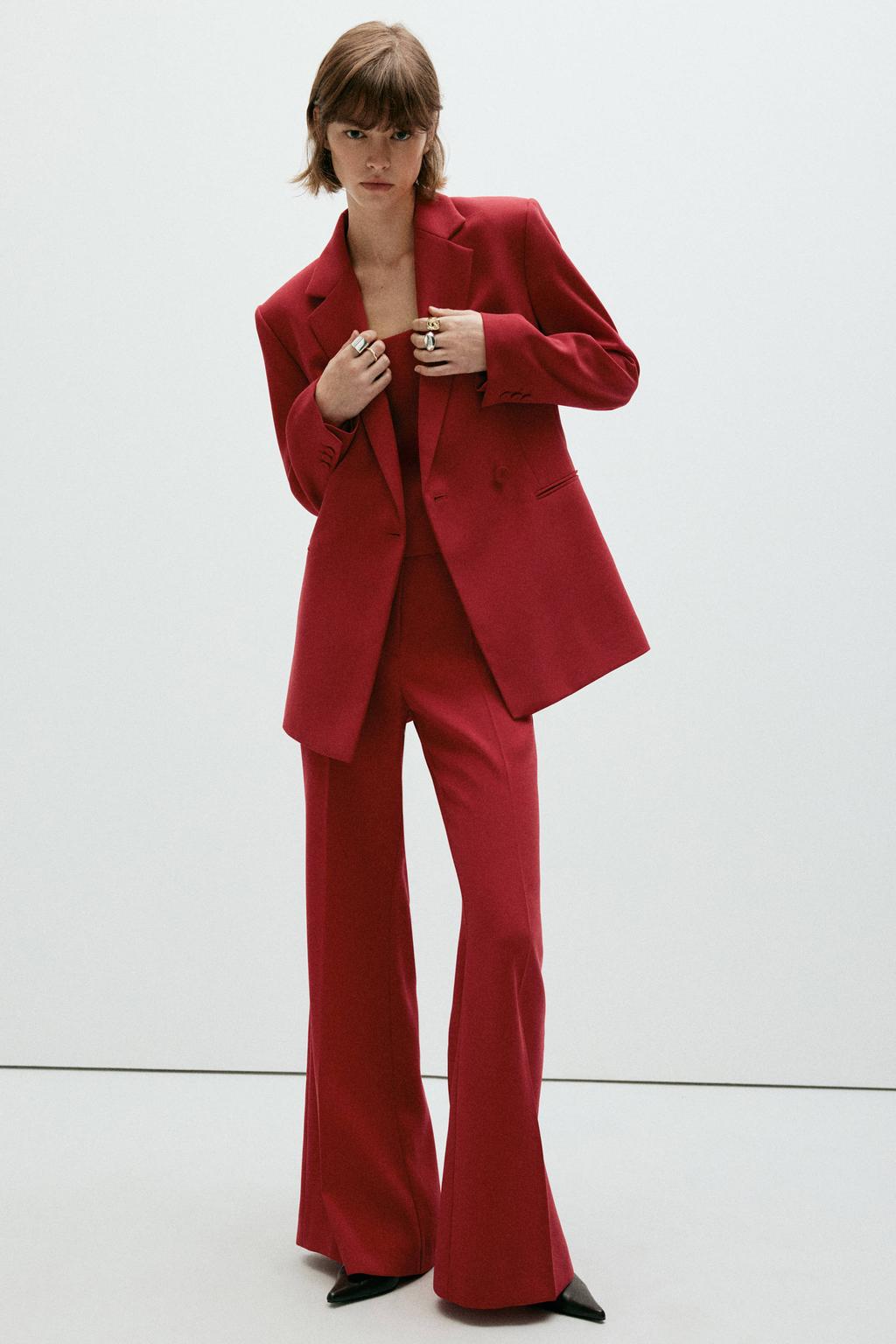 Rode dames Mango flared broek van polyester met regular waist, rits, haak- en knoopsluiting en effen