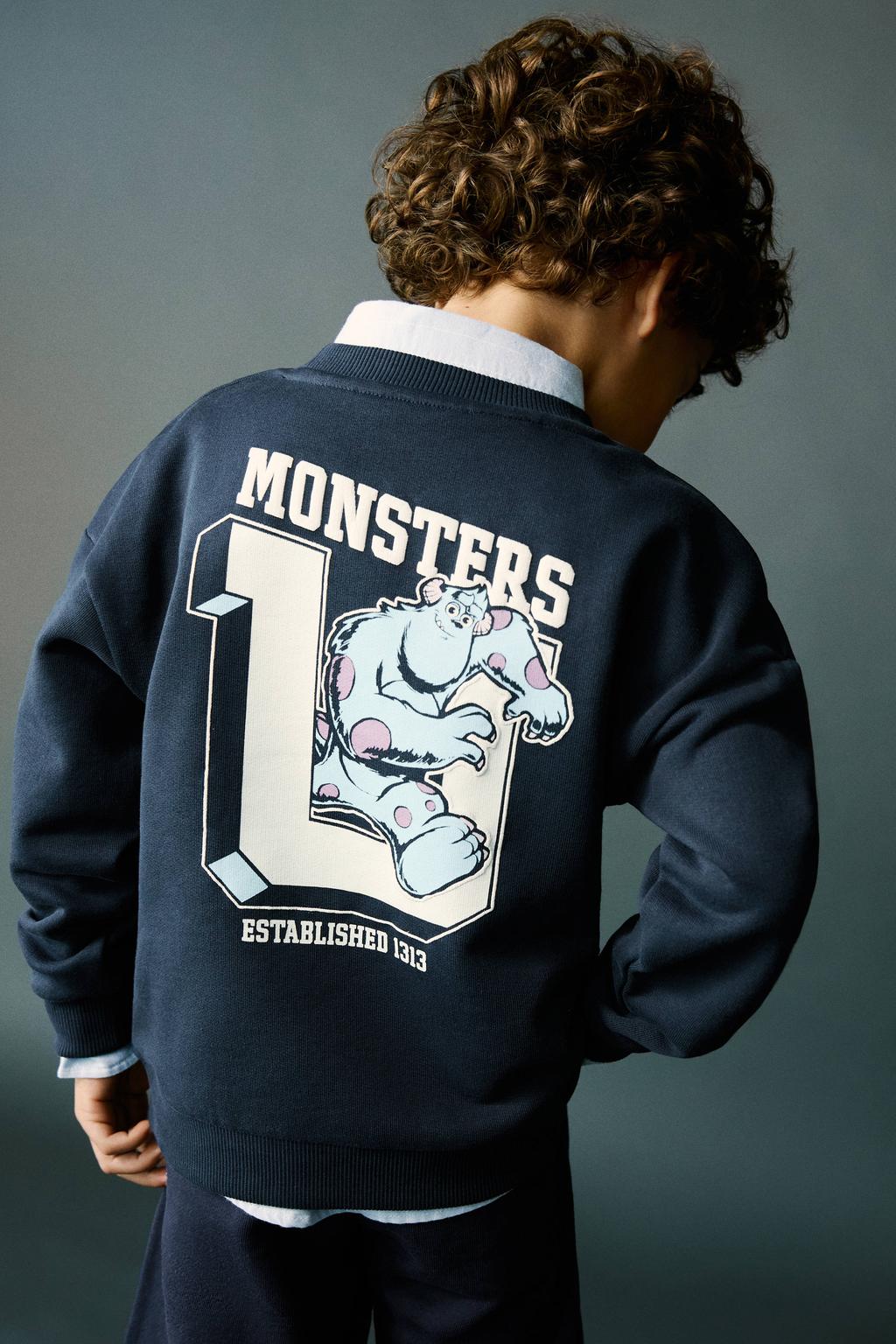 Donkerblauwe jongens Mango Kids Monsters en co. sweater met backprint, lange mouwen en ronde hals