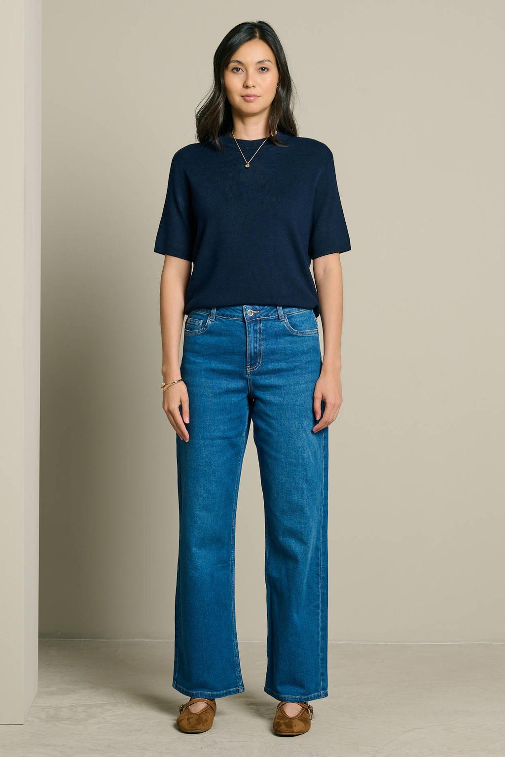 Medium blue denim dames LOLALIZA wide leg jeans mediumblauw van denim met rits- en knoopsluiting en effen
