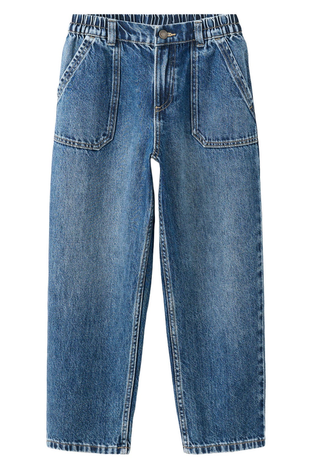 Medium blue denim jongens Mango Kids wide leg jeans mediumblauw van denim met rits- en knoopsluiting en effen