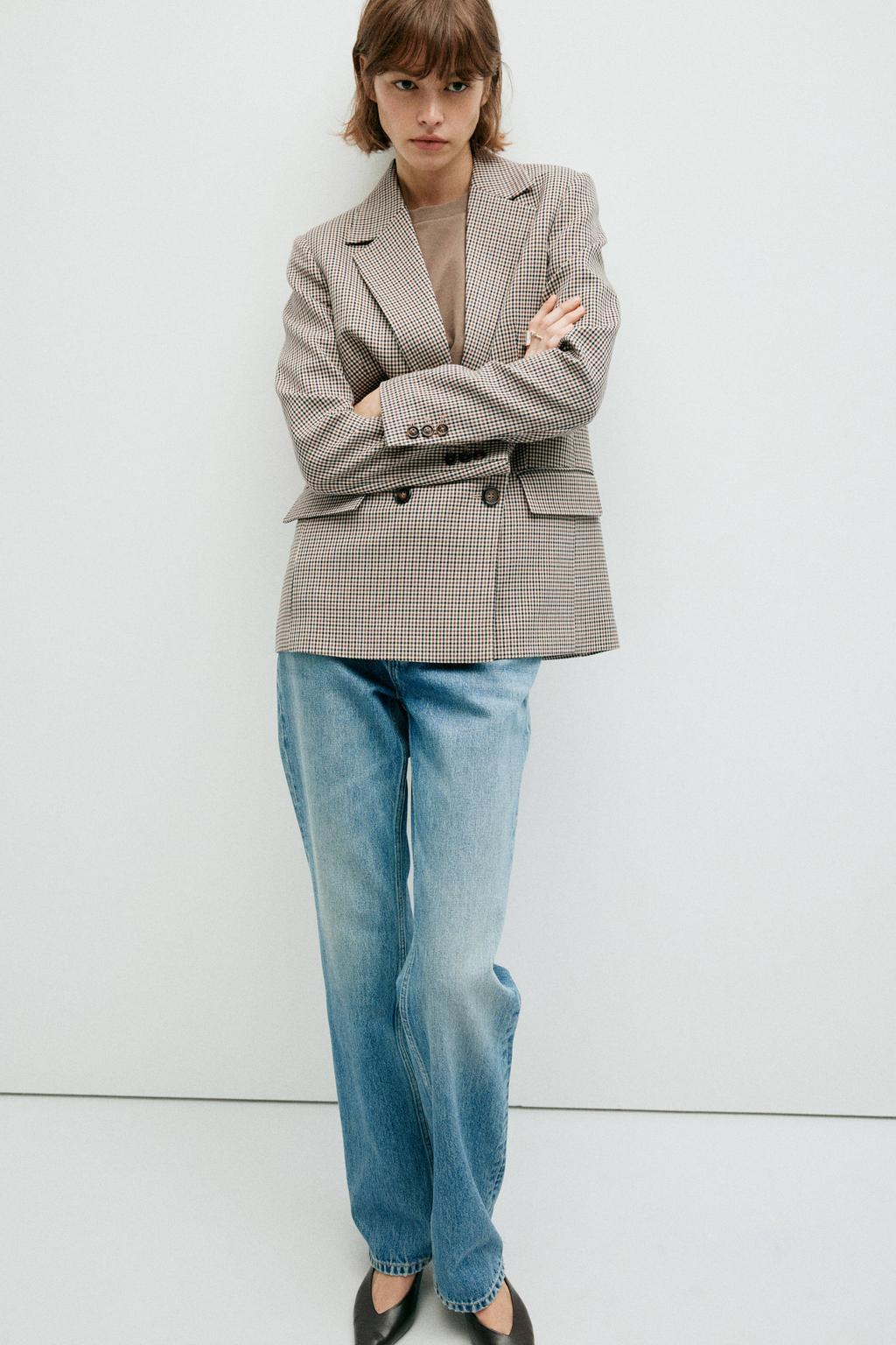 Bruin en zwarte dames Mango geruite double breasted blazer van polyester met lange mouwen, reverskraag en knoopsluiting
