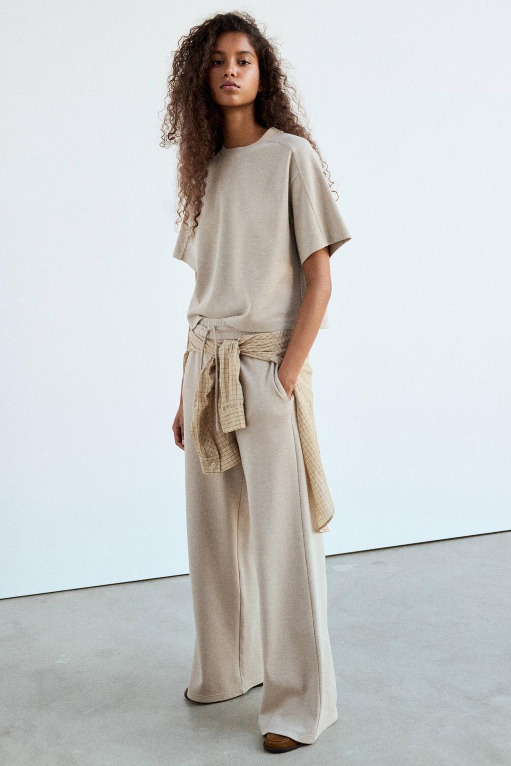 Beige dames Mango wide leg broek van katoen met elastische tailleband met koord en effen