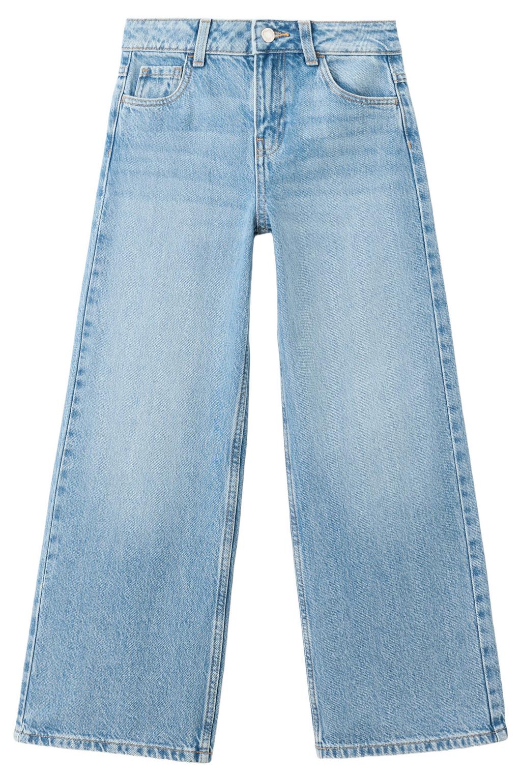 Light blue denim meisjes Mango Kids wide leg jeans van denim met rits- en knoopsluiting en effen