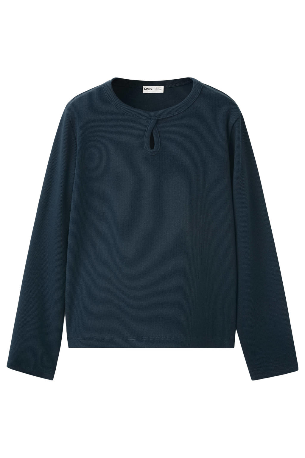 Marineblauw meisjes Mango Kids longsleeve blauw van katoen met effen, lange mouwen, ronde hals en open detail