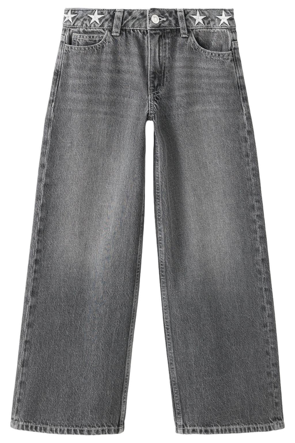 Grey denim meisjes Mango Kids regular waist wide leg jeans van denim met rits- en knoopsluiting en effen