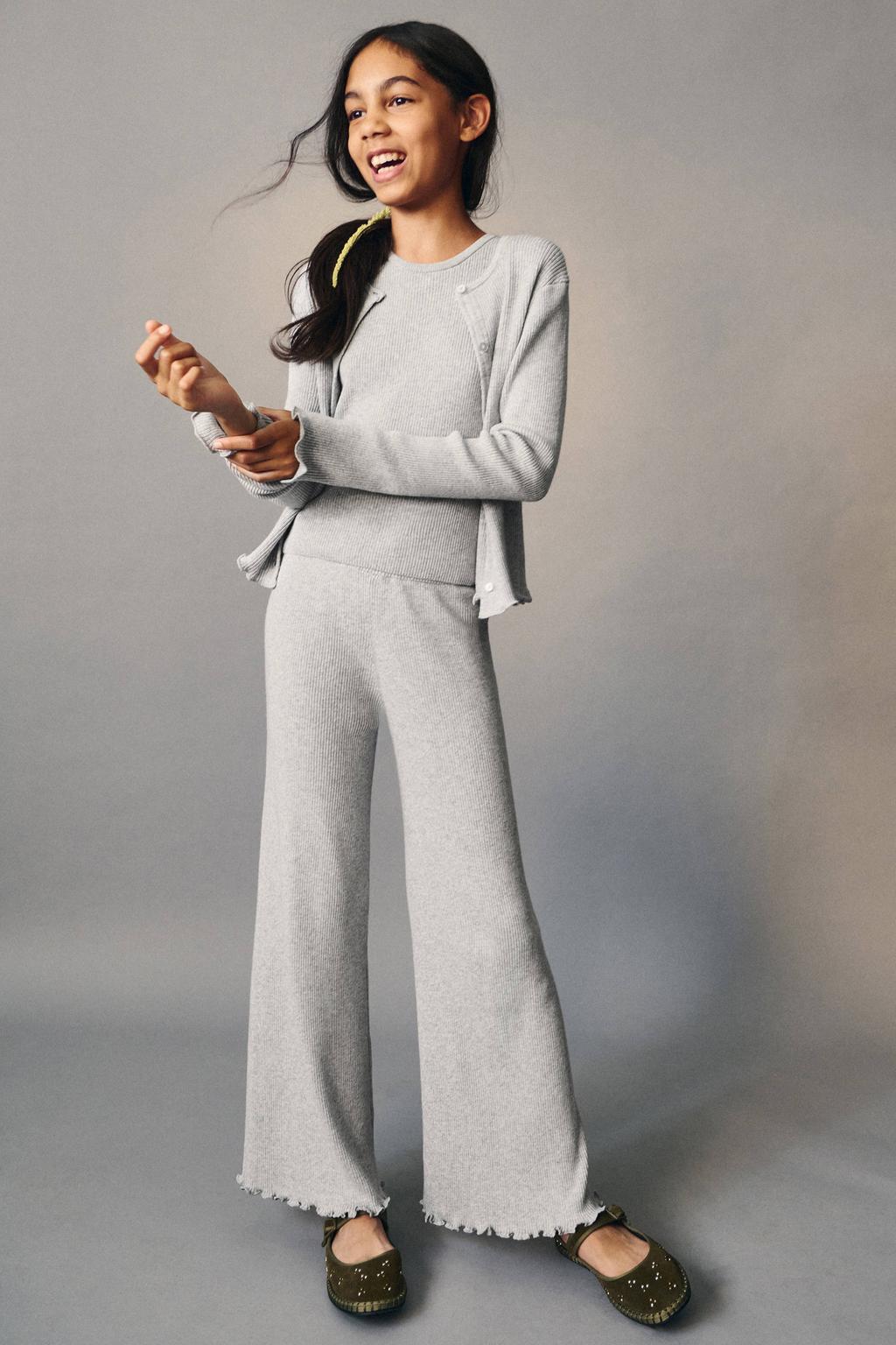Grijze meisjes Mango Kids flared broek van katoen met elastische tailleband en effen