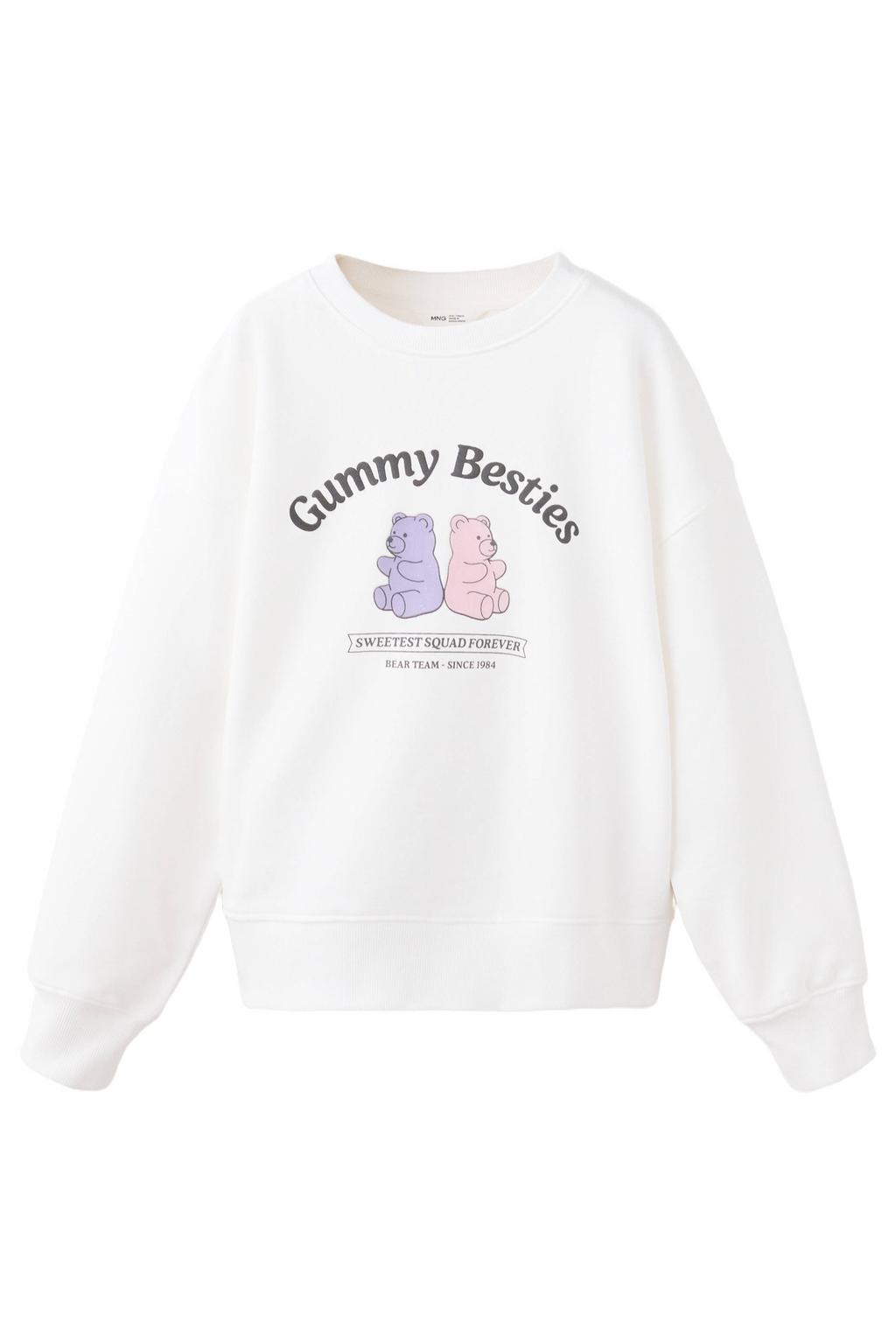 Witte meisjes Mango Kids katoenen sweater met printopdruk, lange mouwen, ronde hals en geribde boorden
