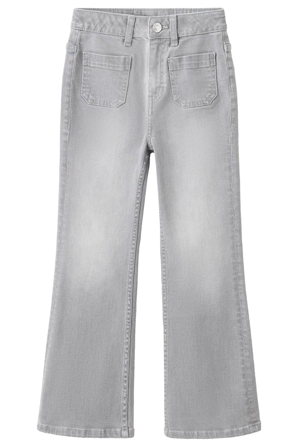 Grey denim meisjes Mango Kids flared jeans van denim met regular waist, rits- en knoopsluiting en effen