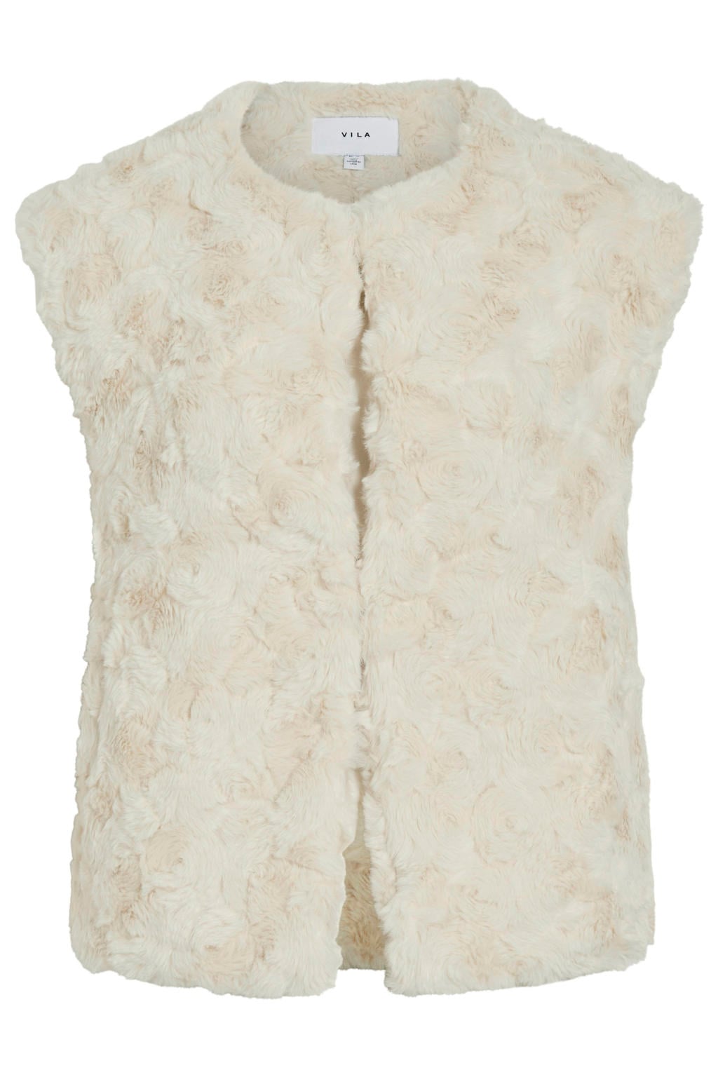 Ecru dames VILA gilet van polyester met effen, reverskraag, haaksluiting en textuur