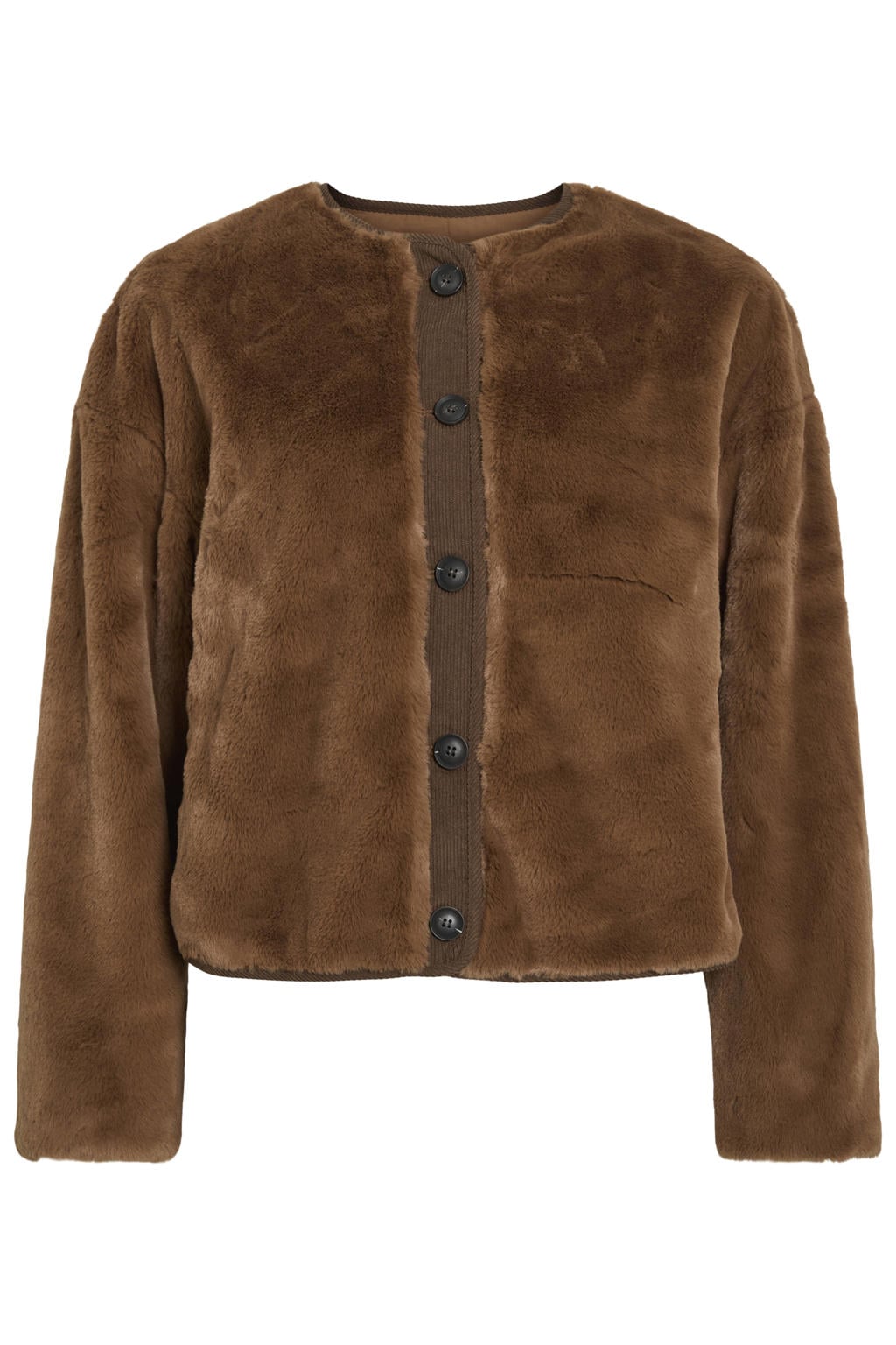 Bruine dames VILA imitatiebont jas met effen, lange mouwen, widespread hals en knoopsluiting