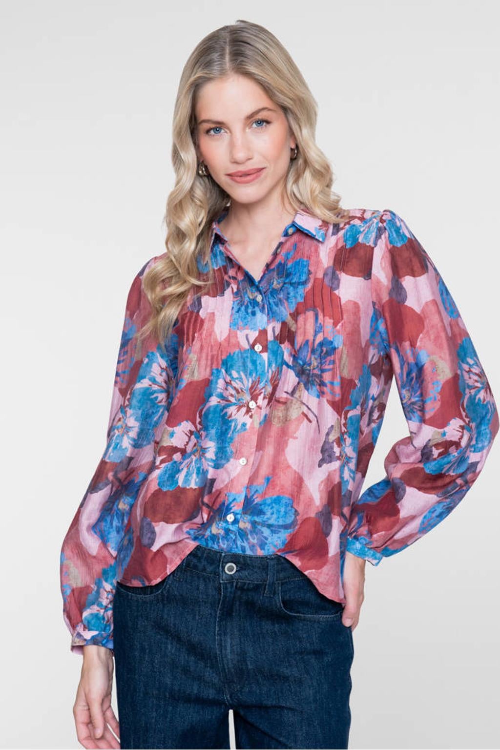Geisha gebloemde blouse - roze/rood/blauw