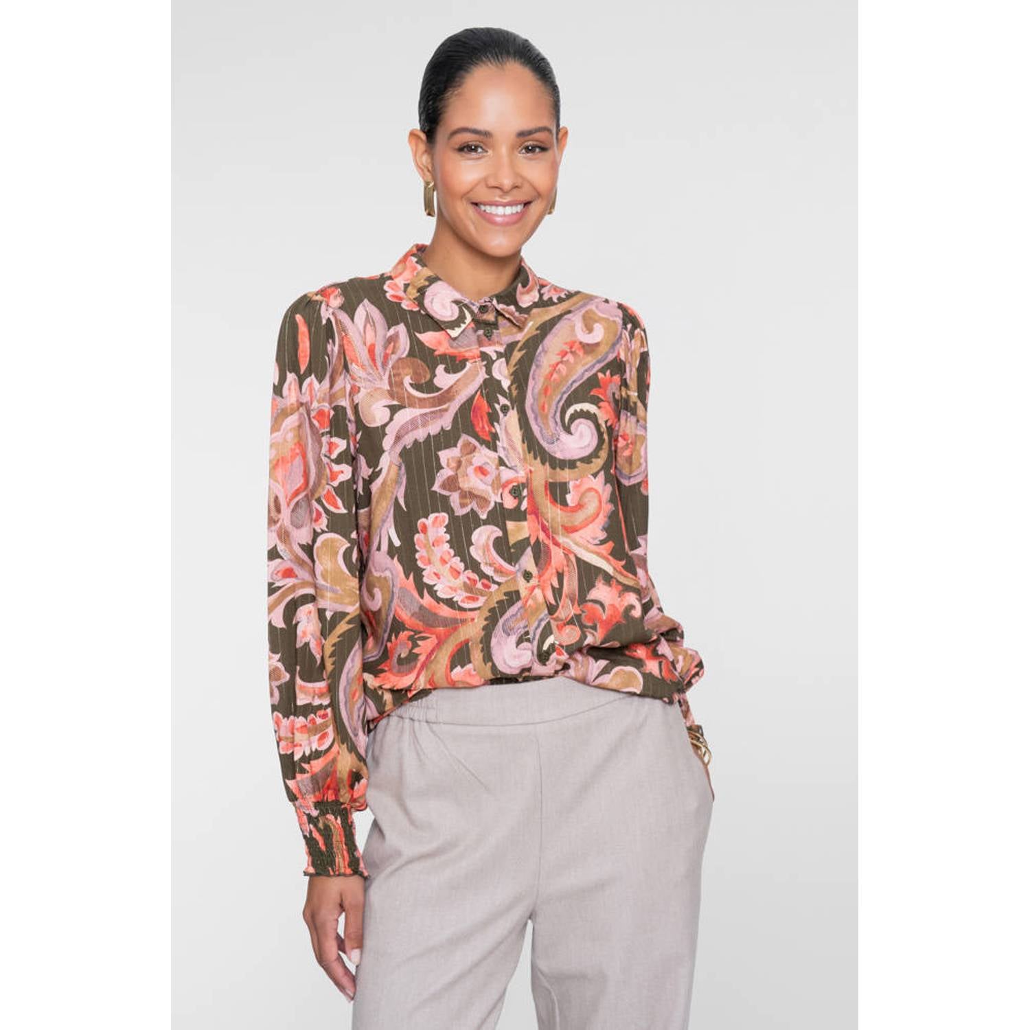 Geisha blouse met smockwerk en paisley olijfgroen roze