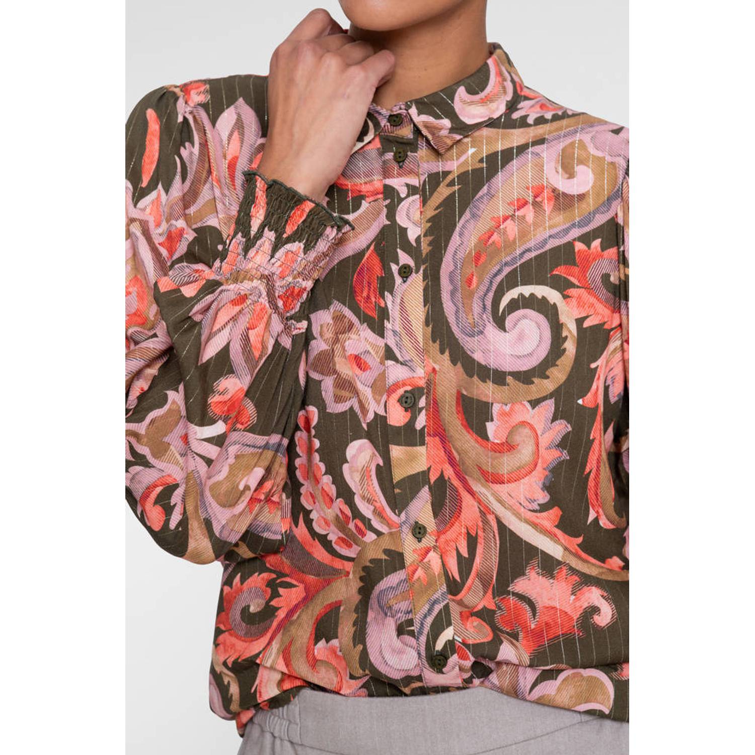 Geisha blouse met smockwerk en paisley olijfgroen roze