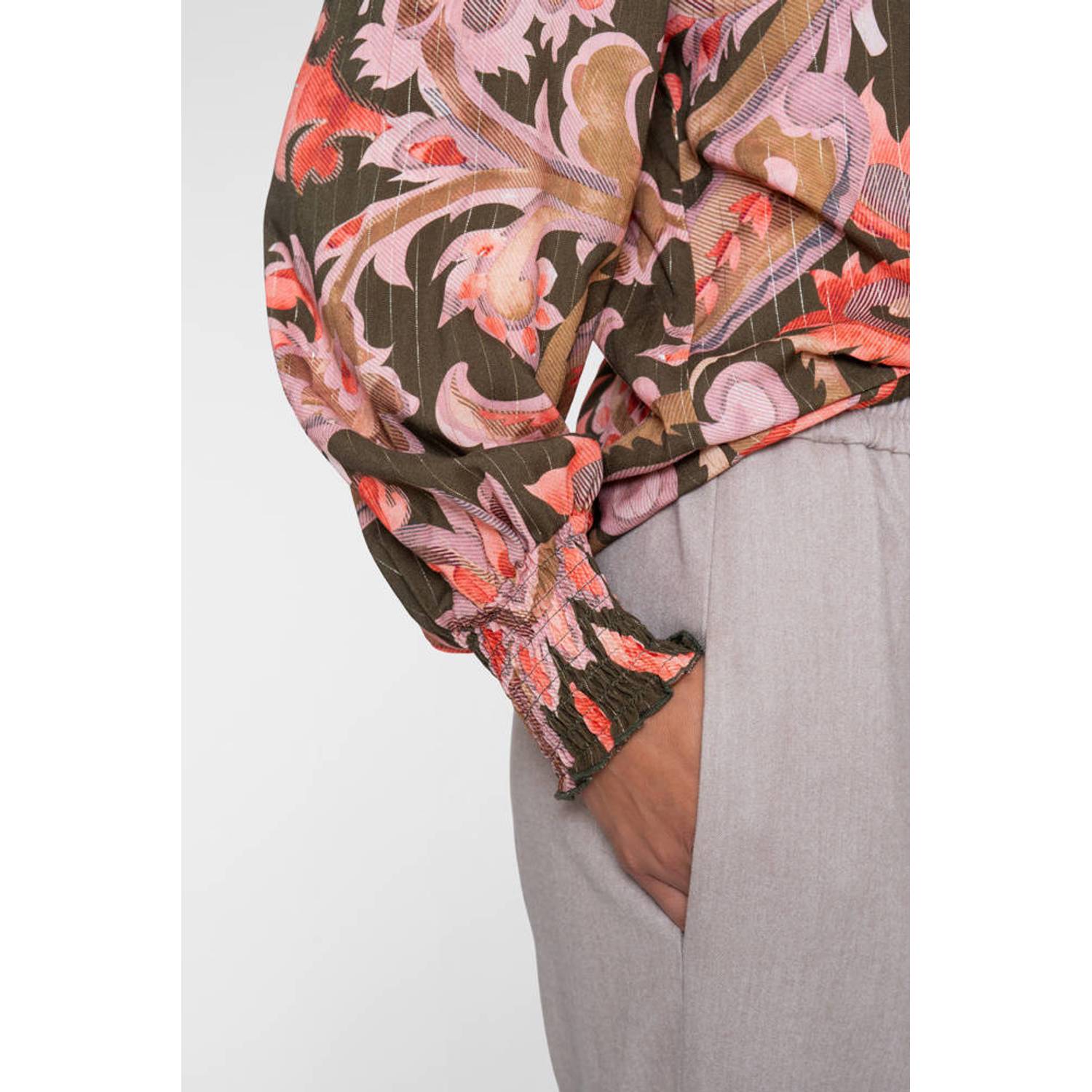 Geisha blouse met smockwerk en paisley olijfgroen roze