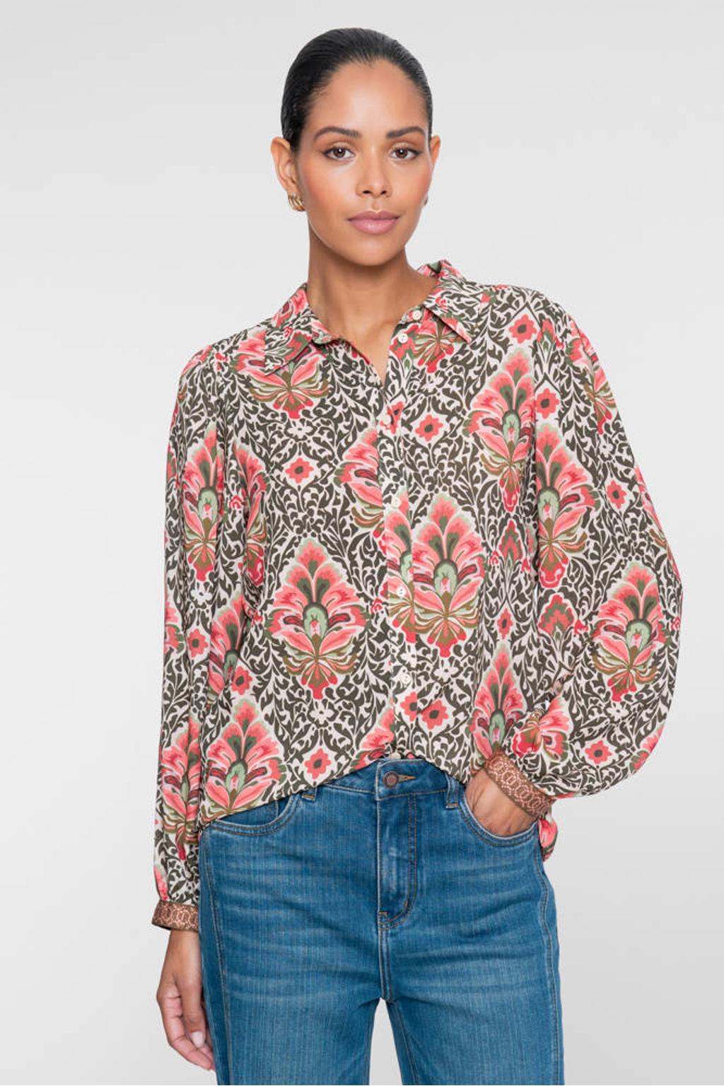 Geisha blouse met print - groen/roze