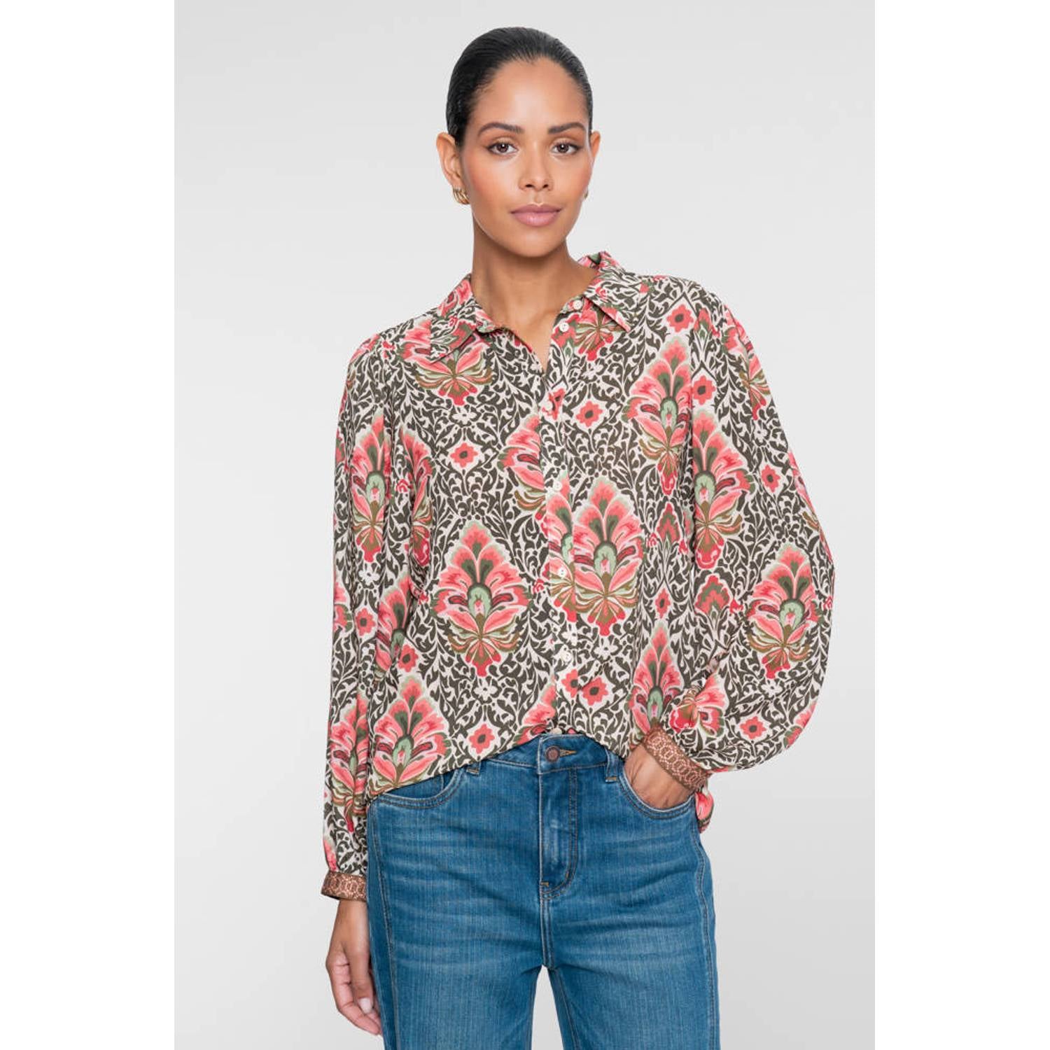 Geisha blouse met print groen roze