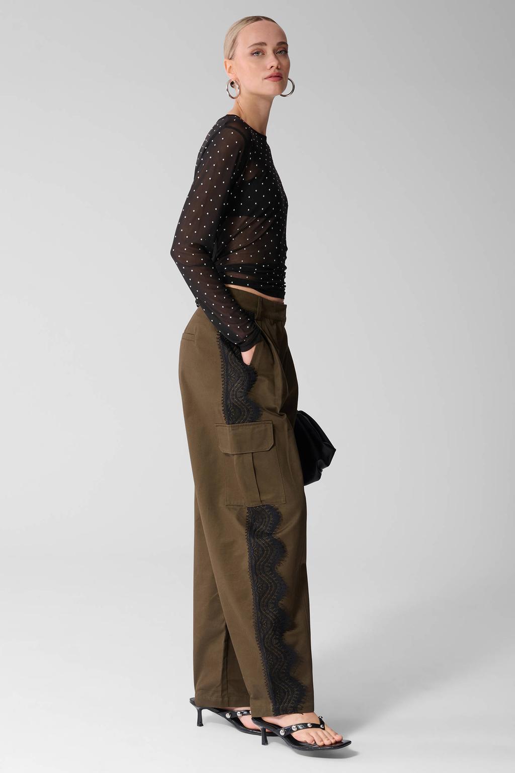 Kakikleurige dames Shoeby barrel broek van katoen met high waist, rits, haak- en knoopsluiting en effen