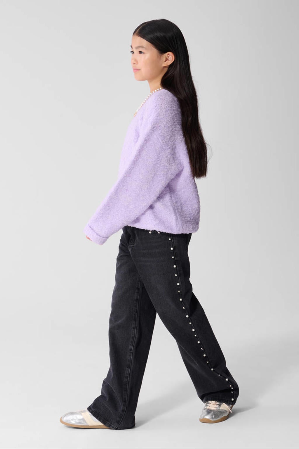 Black denim meisjes Shoeby jeans van denim met wijde pijpen, high waist, rits- en knoopsluiting en effen