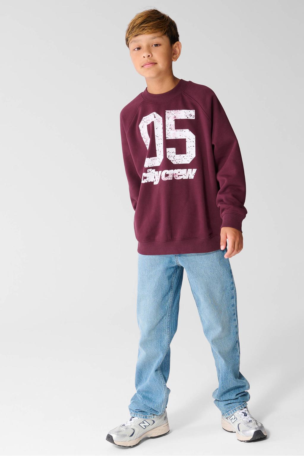 Donkerrode jongens Shoeby sweater met printopdruk, lange mouwen, ronde hals en geribde boorden