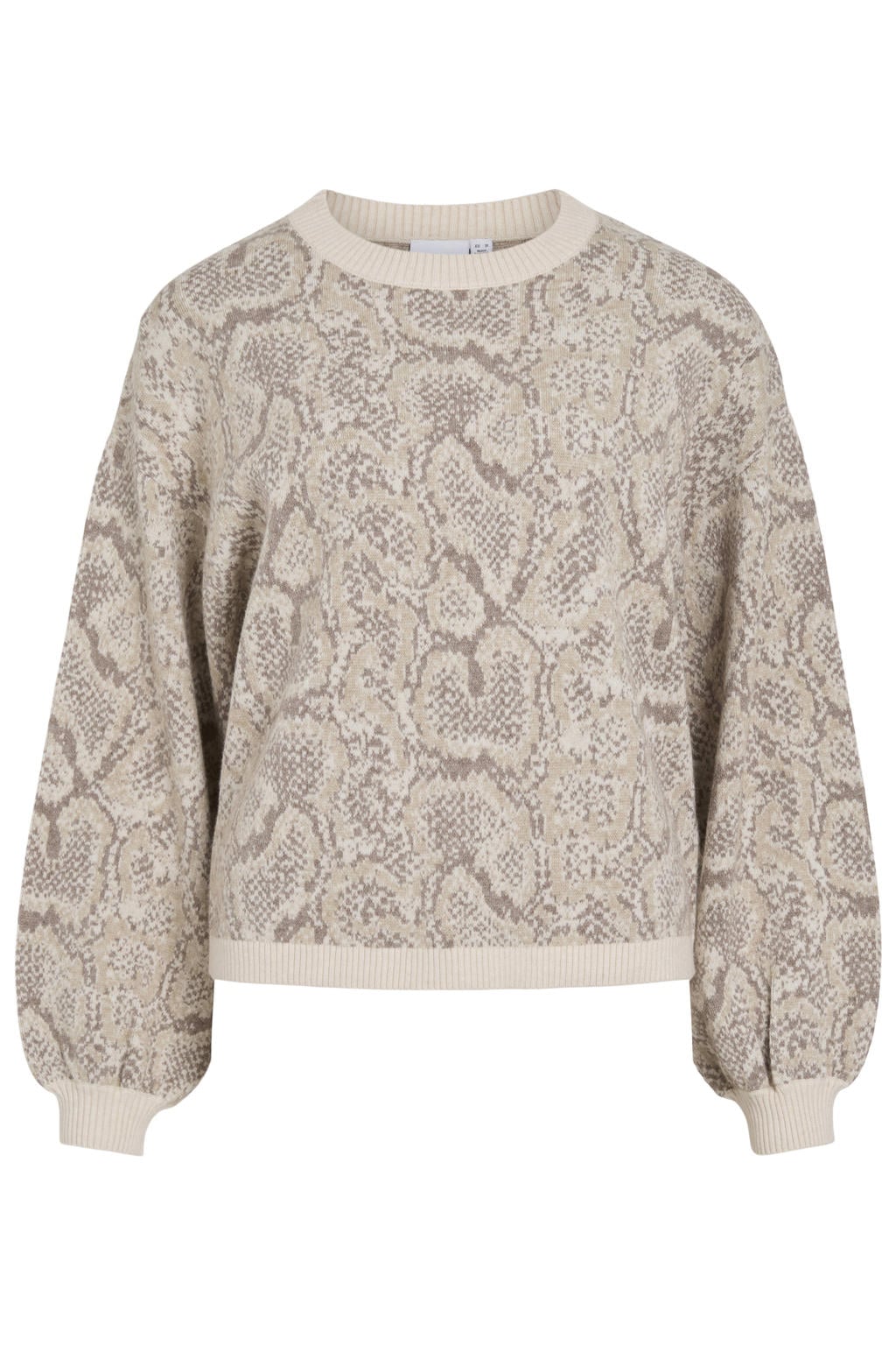 Zandkleurige dames VILA gebreide jacquard trui van viscose met dierenprint, lange mouwen en ronde hals