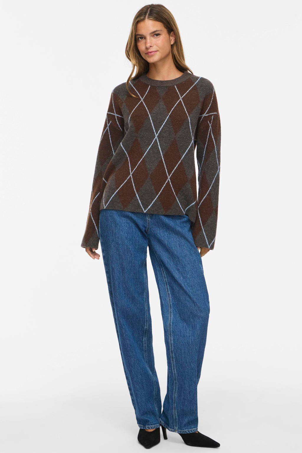 VILA gebreide geruite jacquard trui - grijs/donkerbruin