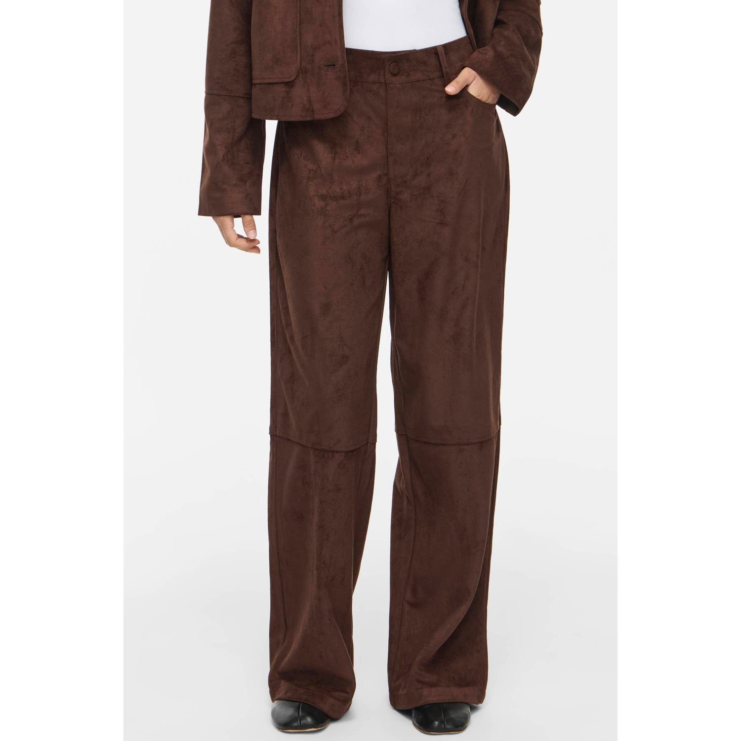 VILA suèdelook regular waist wide leg casual broek bruin