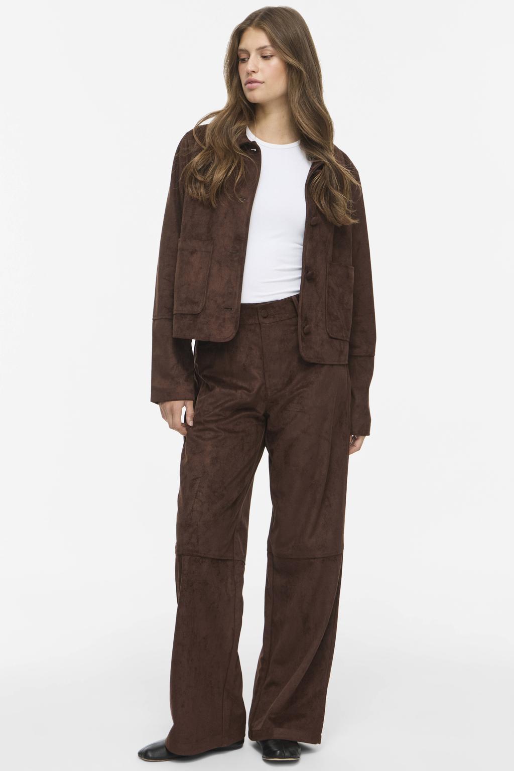 VILA suèdelook regular waist wide leg casual broek - bruin