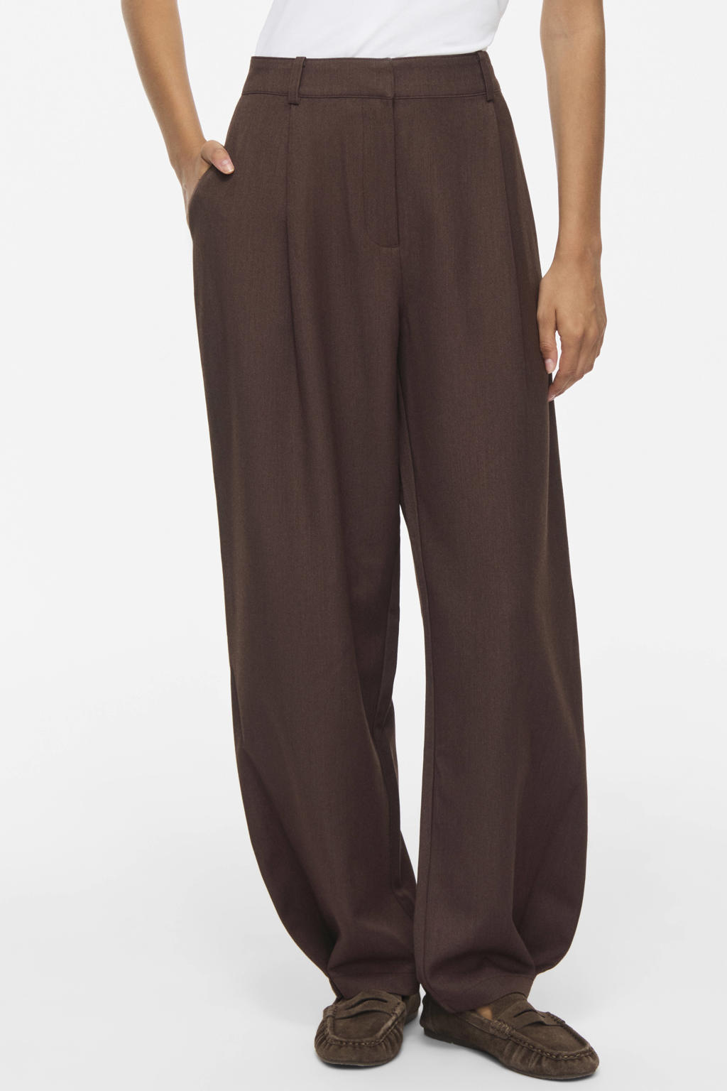Donkerblauwe dames VILA barrel broek van polyester met high waist, rits, haak- en knoopsluiting en effen