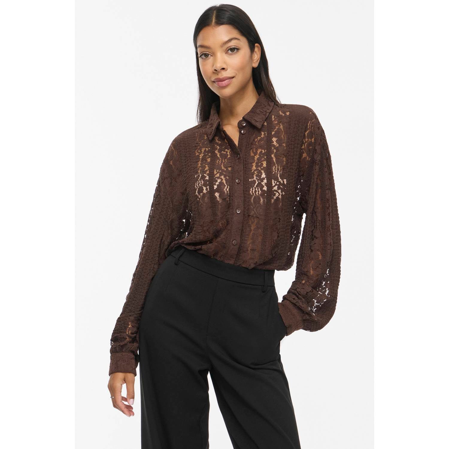 VILA kanten semi-transparante blouse bruin
