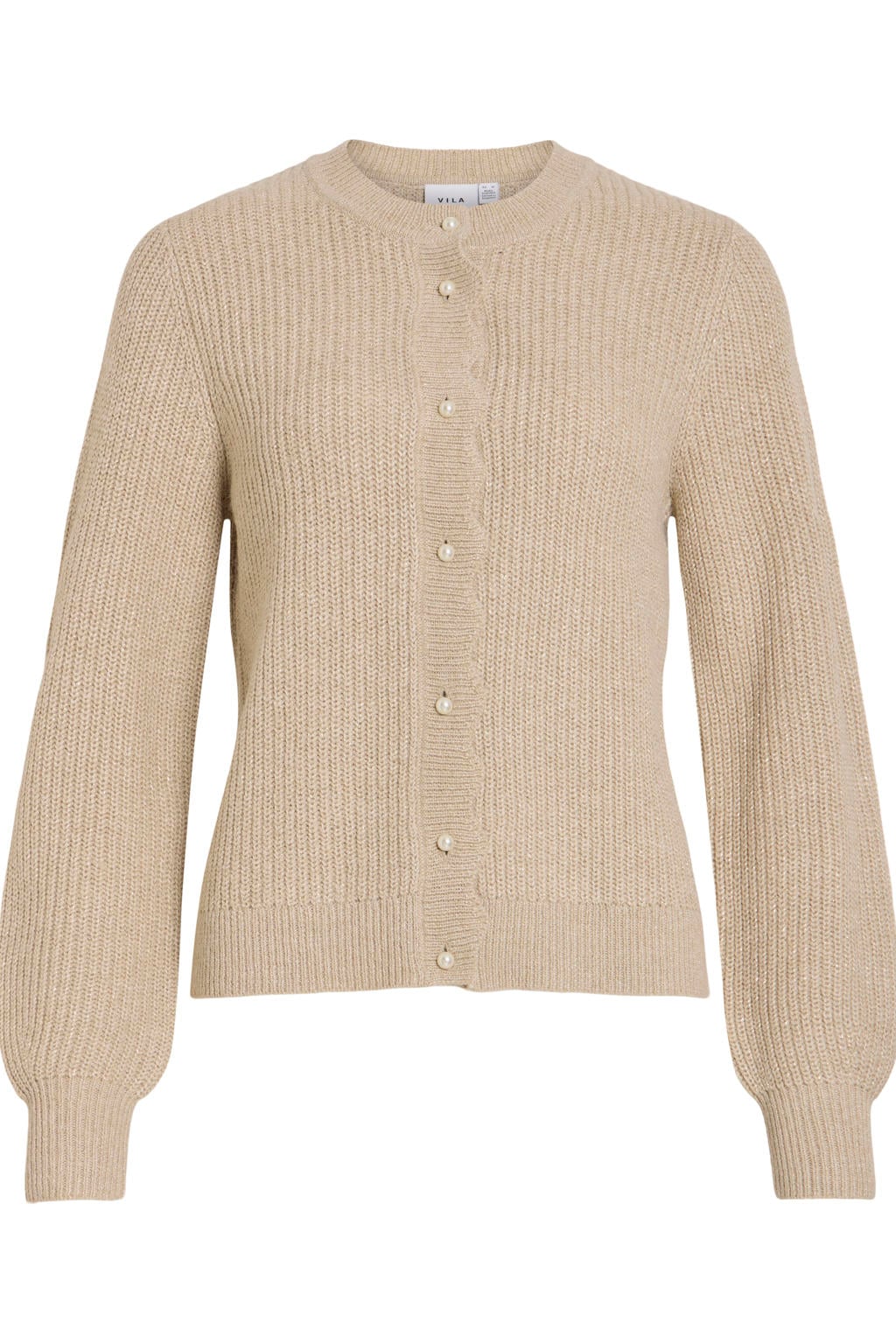 Beige dames VILA gebreid vest met effen, lange mouwen, ronde hals en knoopsluiting